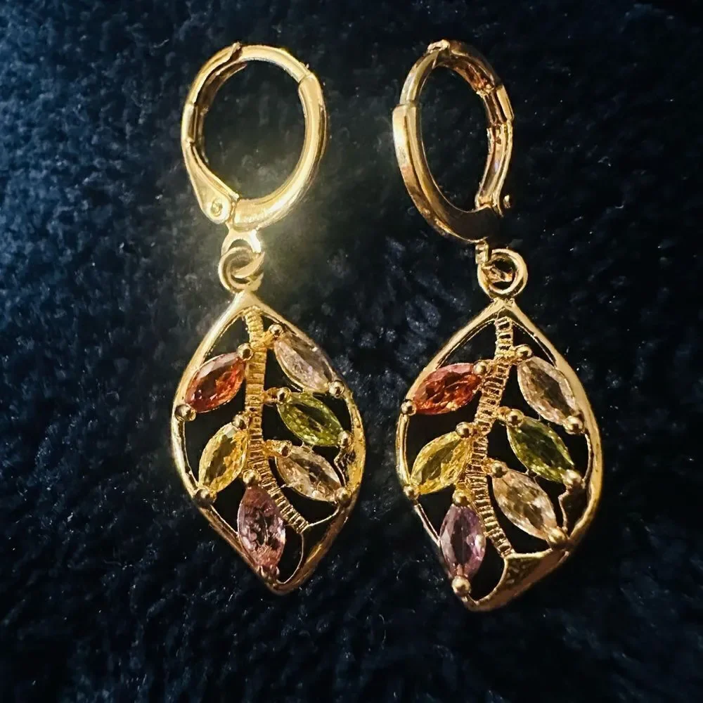 Vintage Style Golden Leaf Earrings with Multiple Colored Stones Grandmac